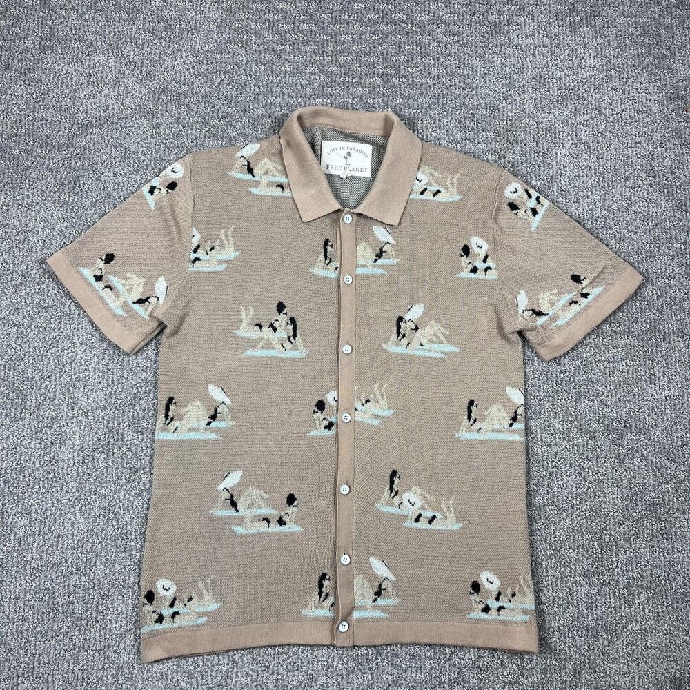 Free Planet Shirt Mens Medium Beach Knit Button Front Coastal Lost In Paradise